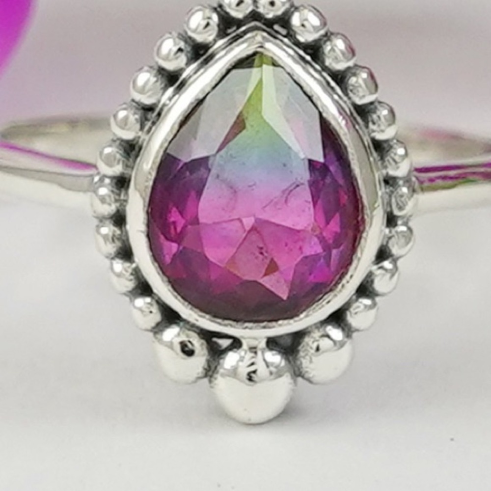 New Teardrop Watermelon Tourmaline Ring: Sterling Silver Boho Cocktail Ring 8